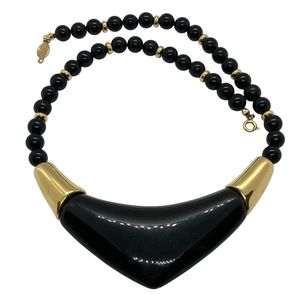 Vintage Napier Signed Black Plastic 18'' Beaded Necklace 80s 90s Gold Tone Retro